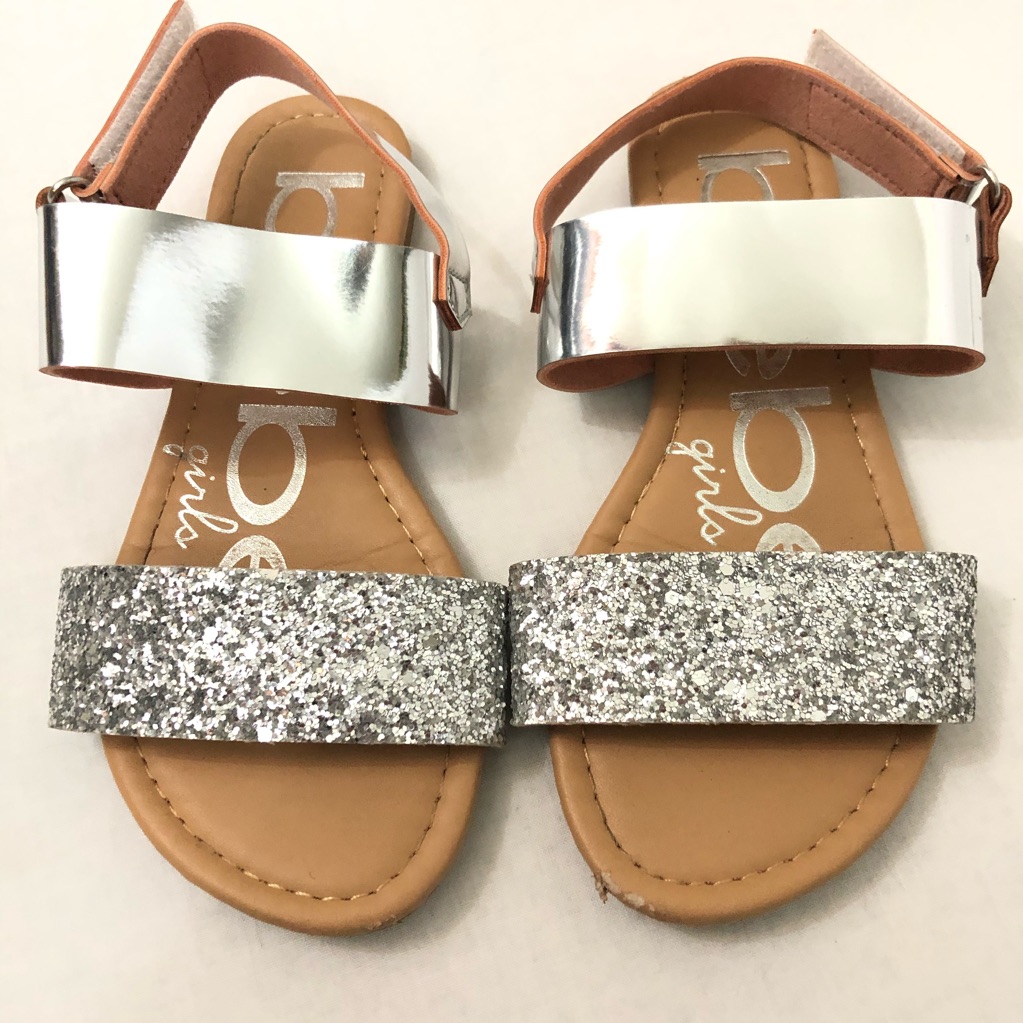 Kids: Bebe Silver Glitter Logo Sandals 13q